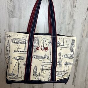 Vintage LL Bean Boat and Tote Bag Nautical‎ Sailing Design cream large